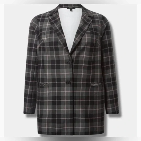 Torrid Lightweight Ponte Longline Plaid Black Gray Blazer Jacket Size 1 - Picture 3 of 7